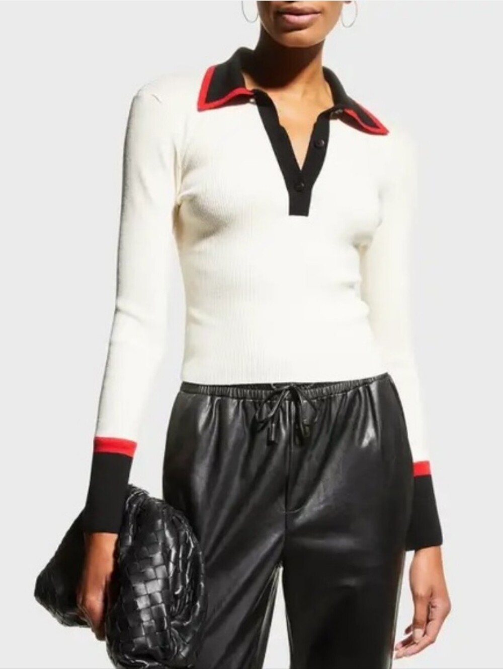 Alice + Olivia Pia Ribbed Polo Shirt Black White Red Knit Collared Wool Sweater